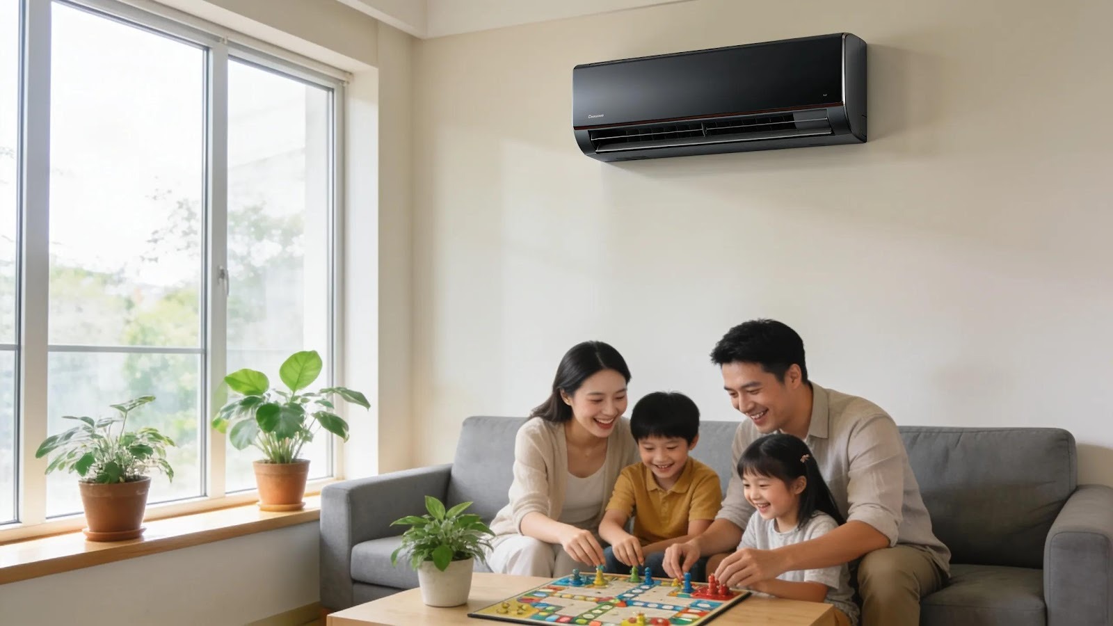 Modern living room with an integrated HVAC unit, showcasing comfort and home life